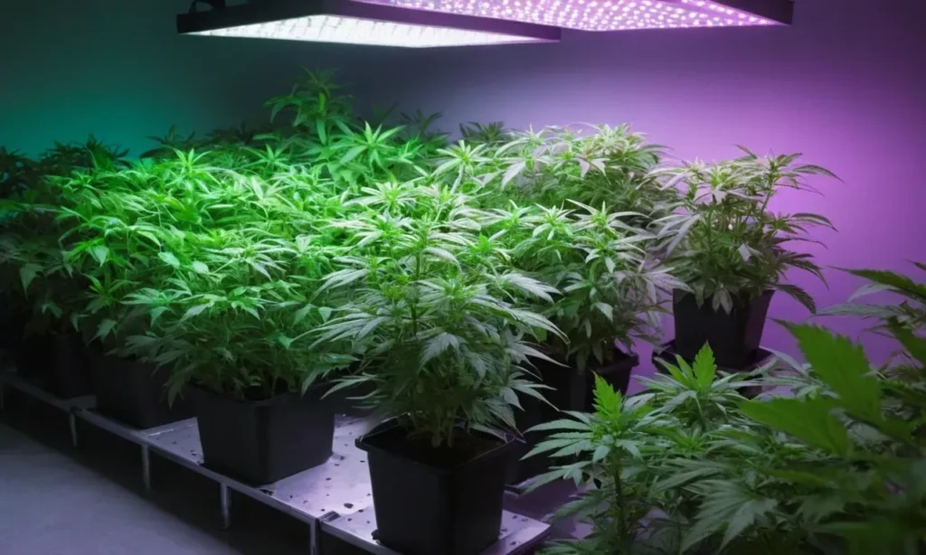 Young Cinderella 99 x Somango plants under LED grow lights.