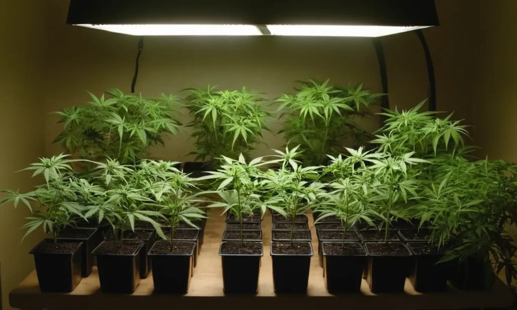 Early-stage grow of Cinderella 99 x Taskenti under LED grow lights. This hybrid thrives indoors, showing early signs of compact structure and fast rooting.