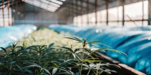 Close-up of young weed plants in a greenhouse with covered rows.