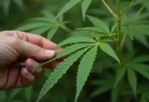 Critical x Cheese Candy cannabis leaf inspected by hand.