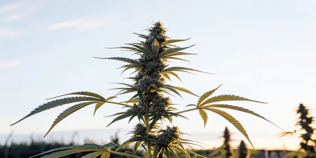 Prominent cannabis apical bud against a hazy sunrise sky outdoors.