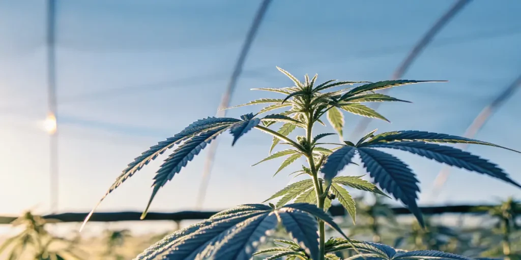 Backlit marijuana plant with leaves covered in dew, bright blue sky.