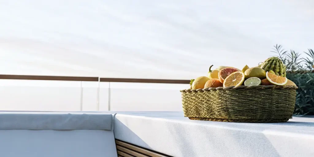 Hyper-detailed shot of a basket of ripe citrus fruits on a rooftop terrace.