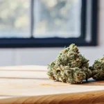 Close-up of two cannabis buds on a wooden cutting board, kitchen background.