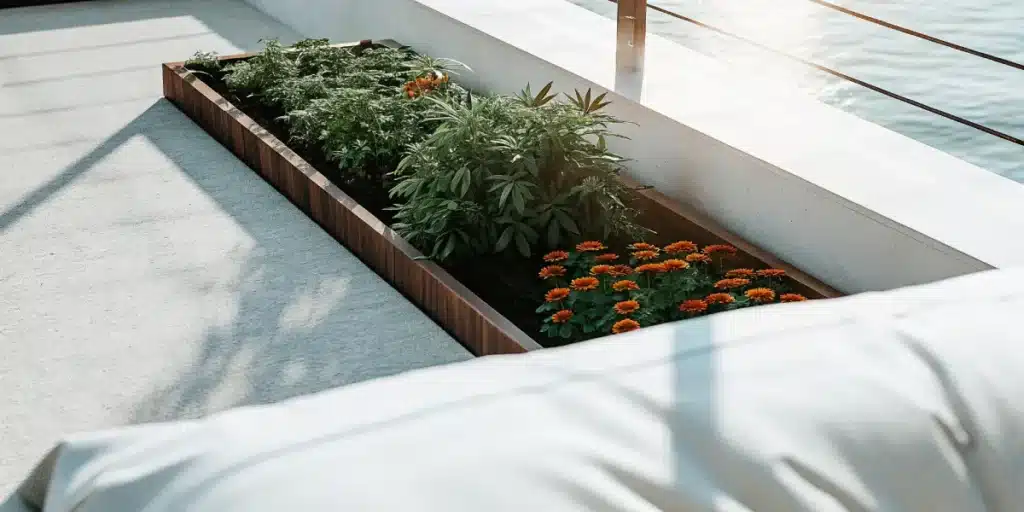 Raised garden bed with cannabis plants and orange flowers on a sunny patio.