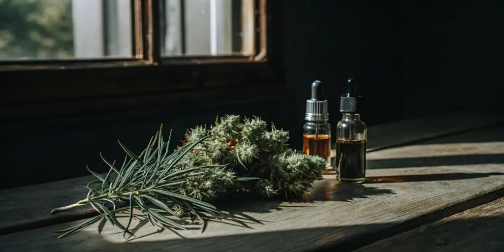 Close-up of a cannabis bud and herbal sprigs with two dropper bottles on wood.