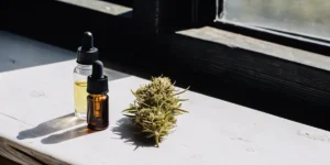 Close-up of a fresh cannabis bud and two oil bottles on a windowsill.