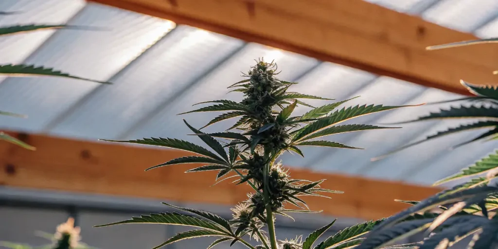 Close-up of a cannabis plant with a developing bud under a sunlit greenhouse roof.