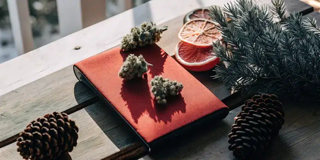 Hyper-realistic close-up of cannabis buds, dried lemons, and a pinecone.