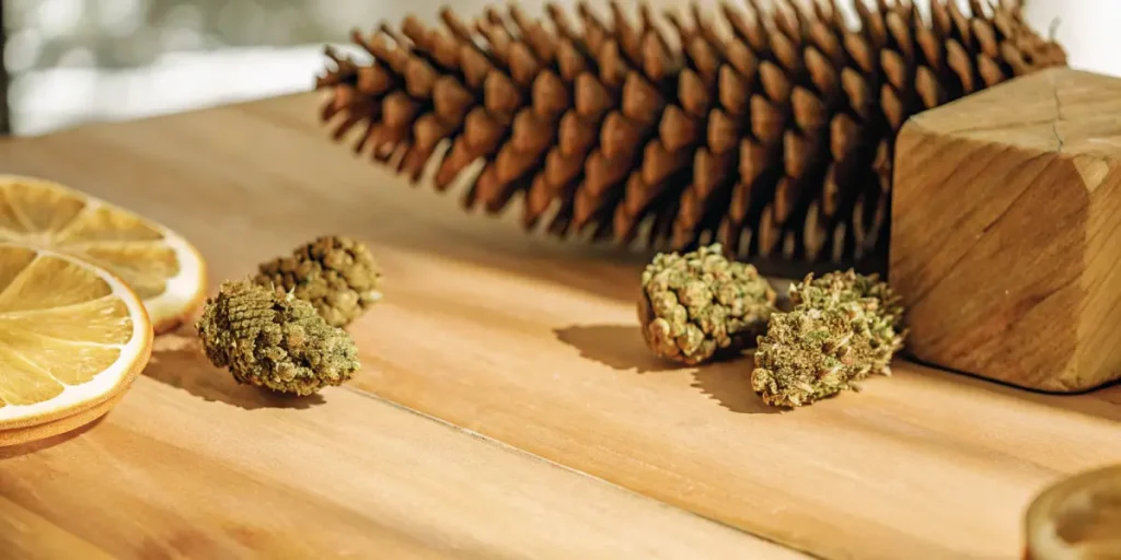 Hyper-realistic close-up of cannabis buds, pinecones, and dried fruit.