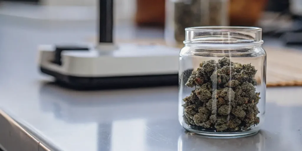 Macro photo of cured cannabis buds stored in a clear glass jar.