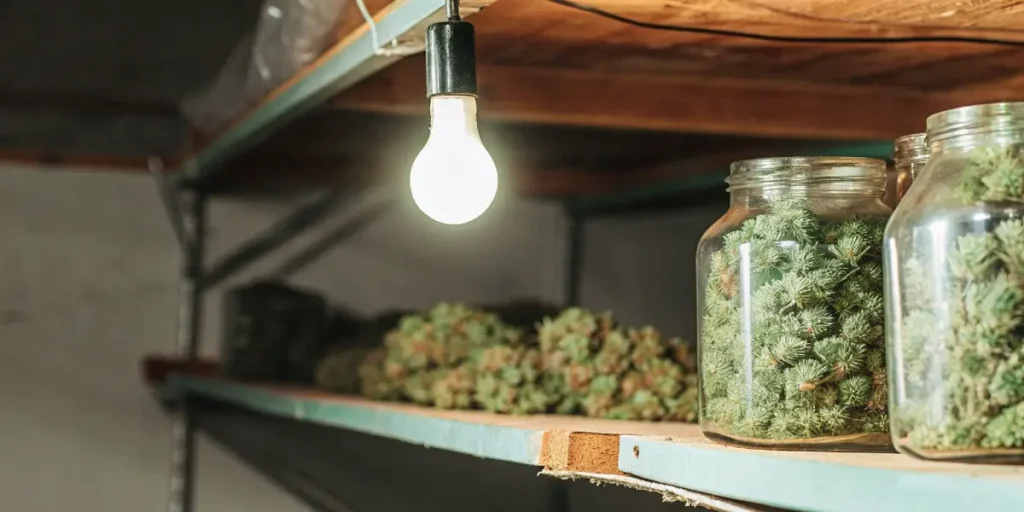 Macro photo of two jars of cannabis buds on a wooden shelf with a lightbulb.