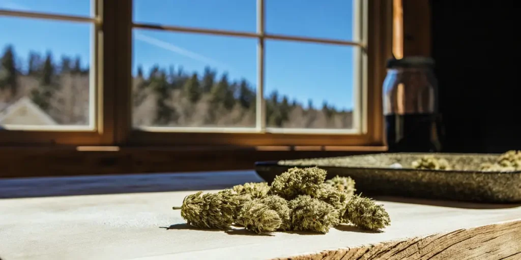 Cannabis buds on a wooden table with a jar and window view.