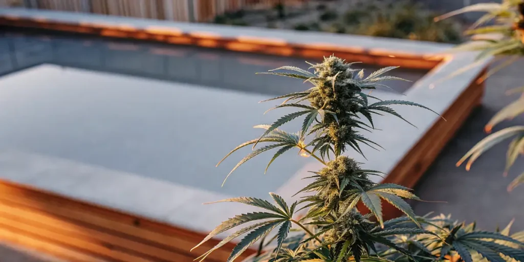A cannabis plant with buds next to a reflective pool in a sunlit setting.