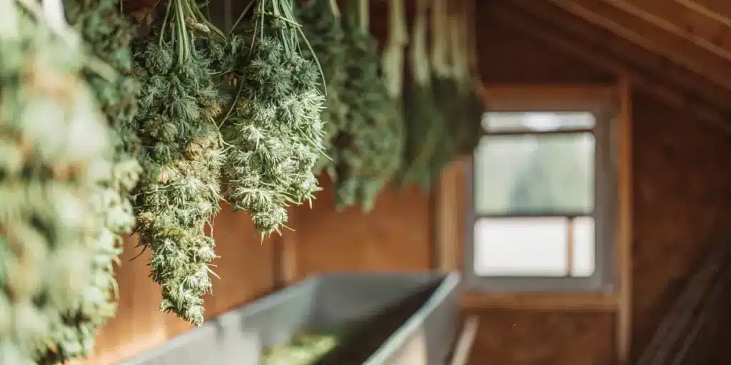 Freshly harvested cannabis buds hanging to dry in a sunlit wooden shed.
