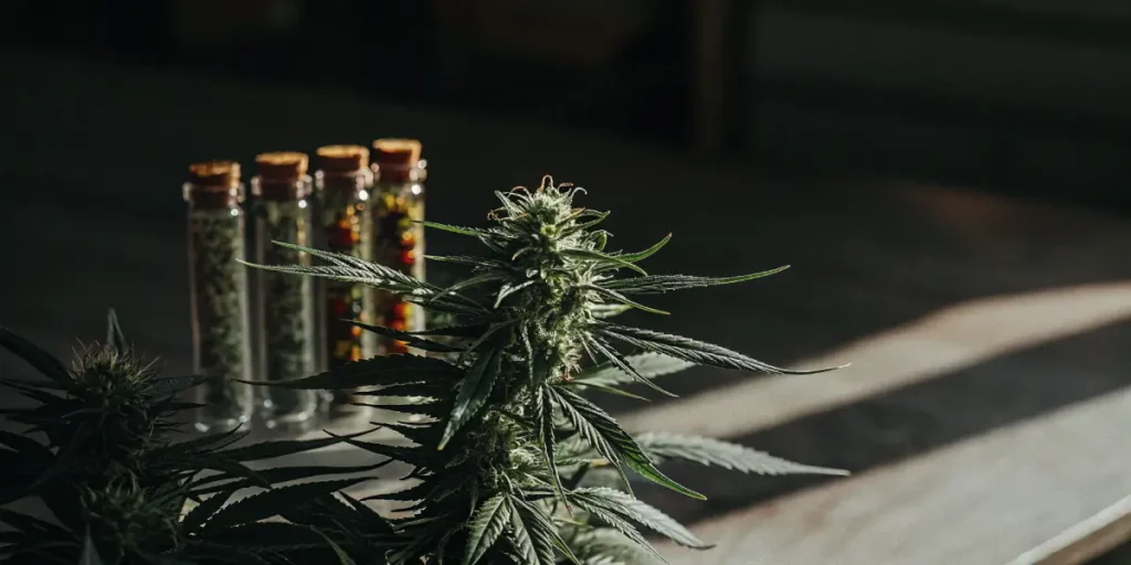 Macro photo of a cannabis flower with glass bottles of dry plants.