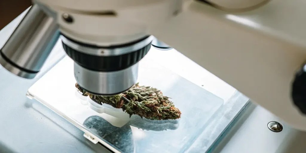 Cannabis flower under a microscope for quality and trichome analysis.