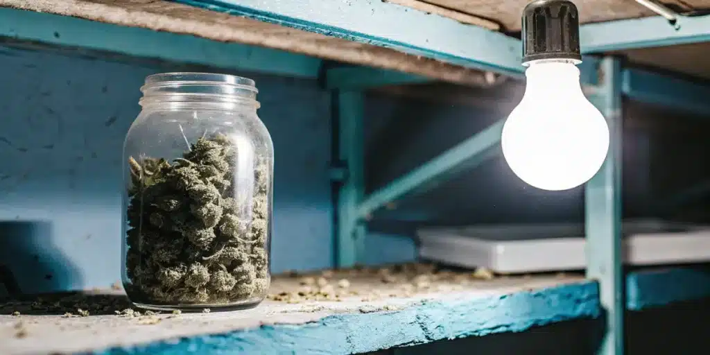 Macro photograph of a jar of cannabis buds on a shelf with a glowing lightbulb.
