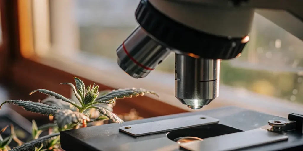 Close-up of a cannabis plant next to a microscope, natural light.