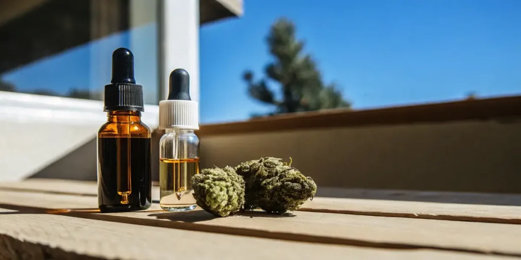 Close-up of two cannabis buds and two dropper bottles on a wooden surface.