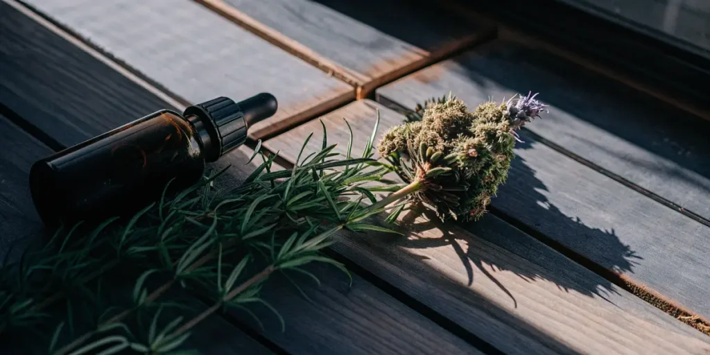 Cannabis bud, dropper bottle, and rosemary sprigs on a wooden deck.