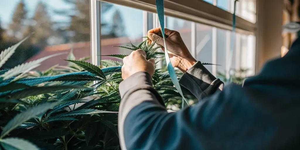 Person's hands gently tying down a cannabis plant stem with a string.