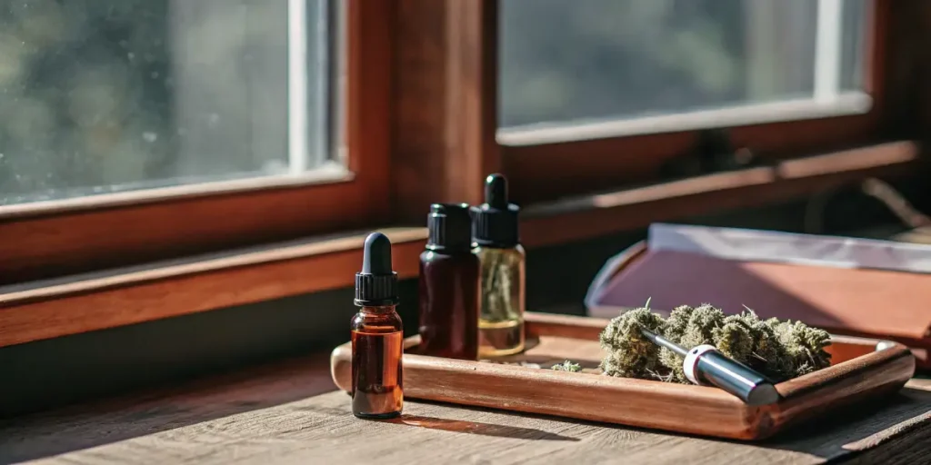 Cannabis buds and oil bottles on a wooden tray by a window.