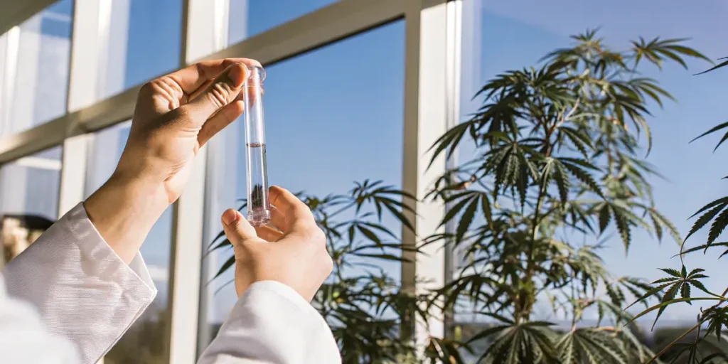 Scientist's hands holding a test tube with cannabis extract, plant in background.