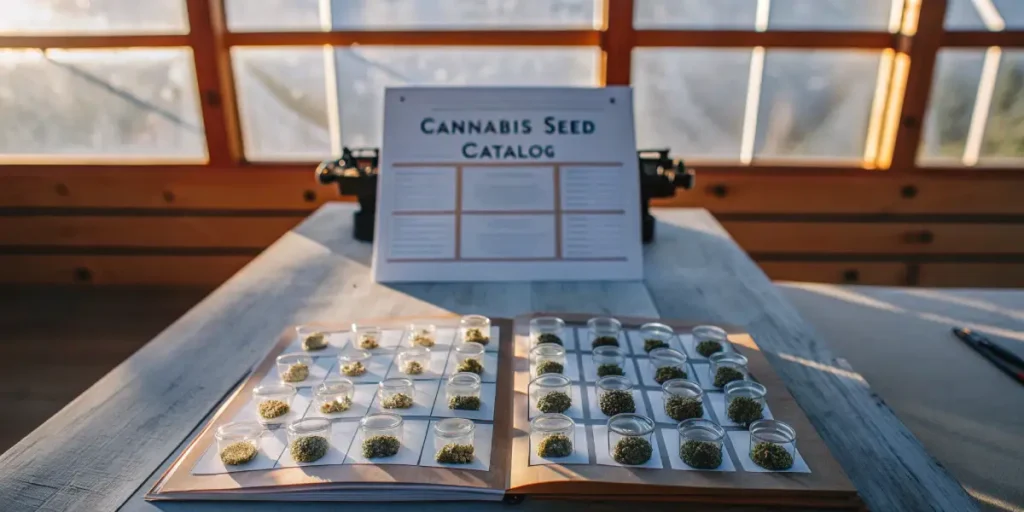 Cannabis seed catalog and labeled glass jars with seeds on a table.