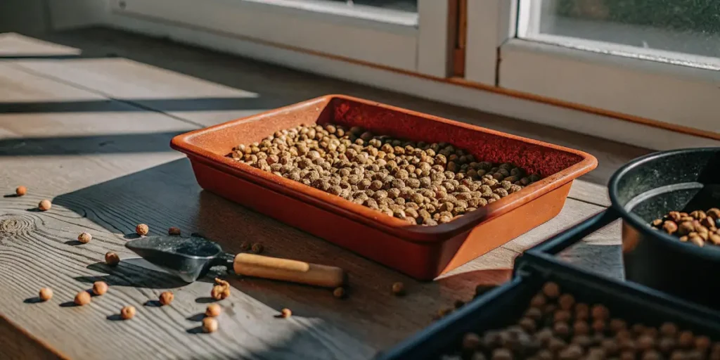 A tray of small, brown cannabis seeds on a wooden windowsill.