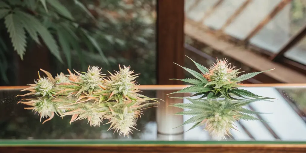 Hyper-detailed macro of two cannabis buds on a reflective surface.