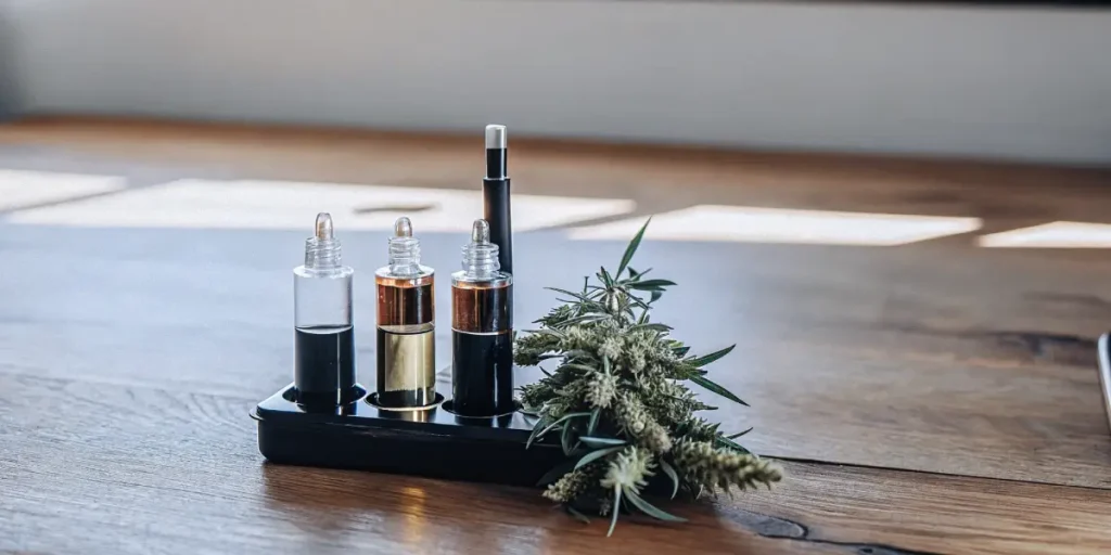 Macro photo of a terpene kit with cannabis flower on a wooden table.