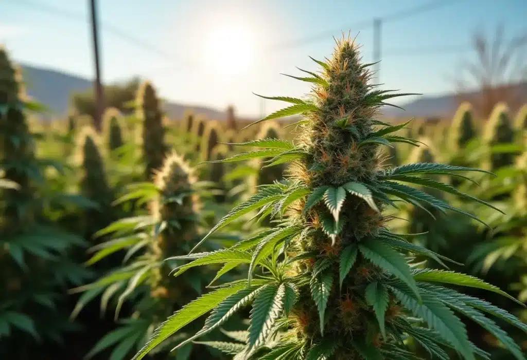 Critical Bilbo outdoor cannabis plant thriving under natural sunlight, known for high yields, strong aroma, and compact resin-covered buds.