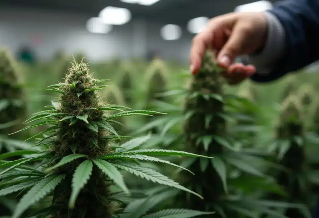 Hand inspecting Critical Bubba Kush flowers indoors.