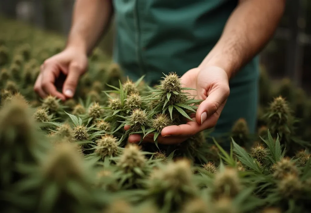 Hands holding Critical Cheese Auto cannabis buds during harvest.