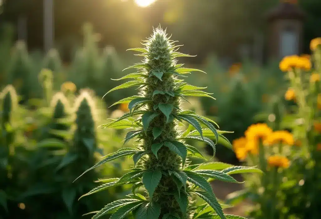 Critical Cheese Auto cannabis plant blooming outdoors with sunlight.