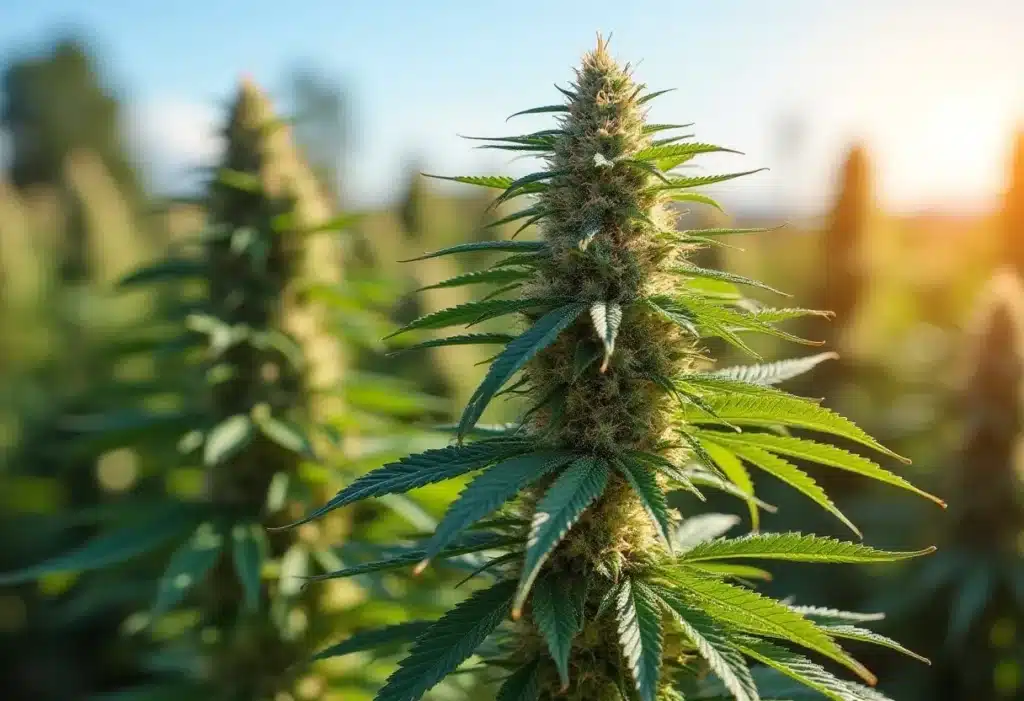 Critical Cream Caramel Auto plant flourishing under natural sunlight, producing dense buds with sweet caramel aroma and high resin content.