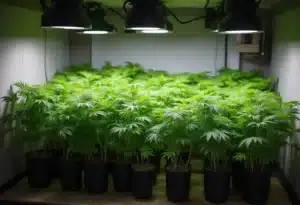 Critical Jack cannabis plants in pots during vegetative stage.