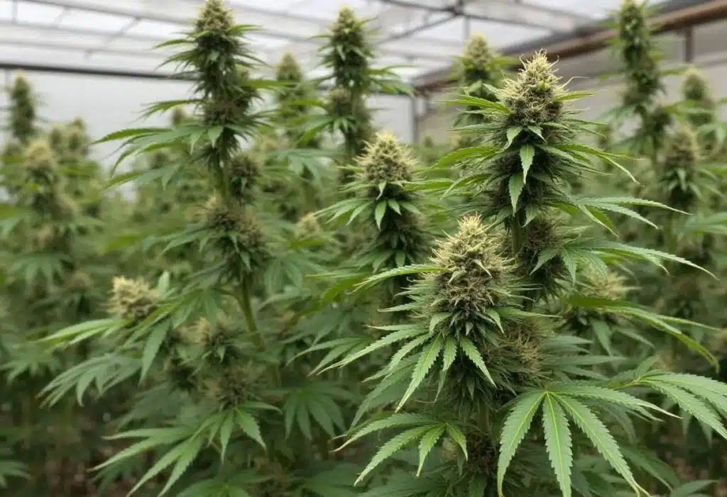Critical Mass Auto cannabis plants in greenhouse cultivation.