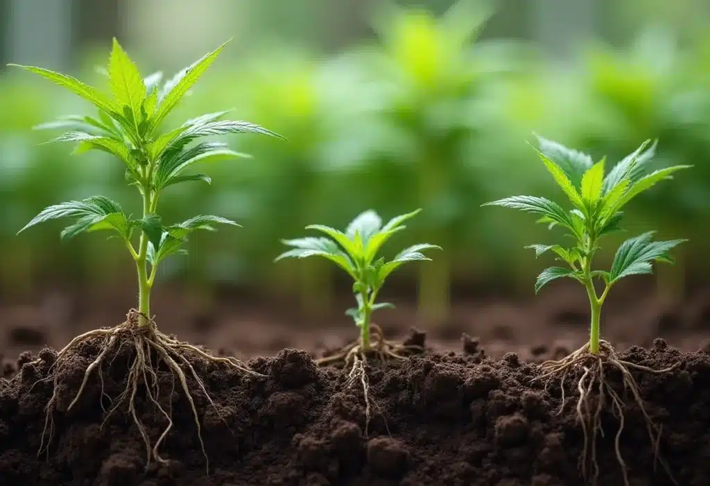 Young Critical Mass Auto seedlings showing strong roots, essential for healthy growth, high resilience, and productive autoflowering cannabis cultivation.