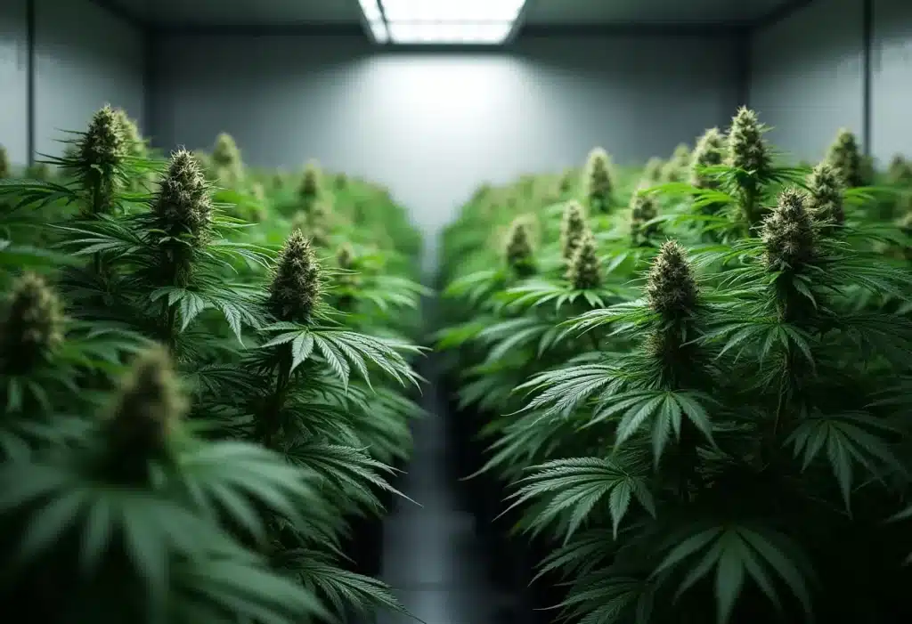 Critical Nicky Kush in full bloom under indoor lights, showcasing dense resin-covered buds, strong aroma, and vigorous growth for premium cannabis yields.