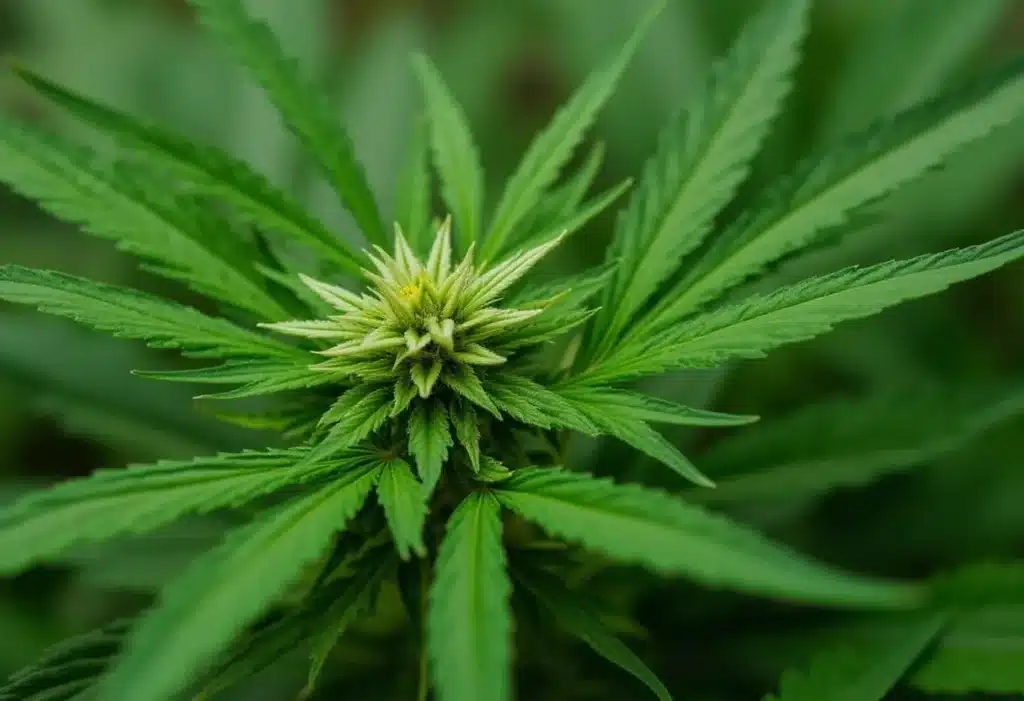 A Critical Nicky Kush plant in early flowering, with bright green leaves and forming calyxes, highlighting healthy growth and genetics.