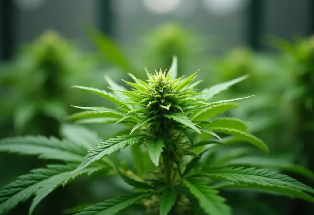 Critical Purple Auto showing early flowering signs with compact bud formation and vibrant green leaves, ideal for strong resin production.