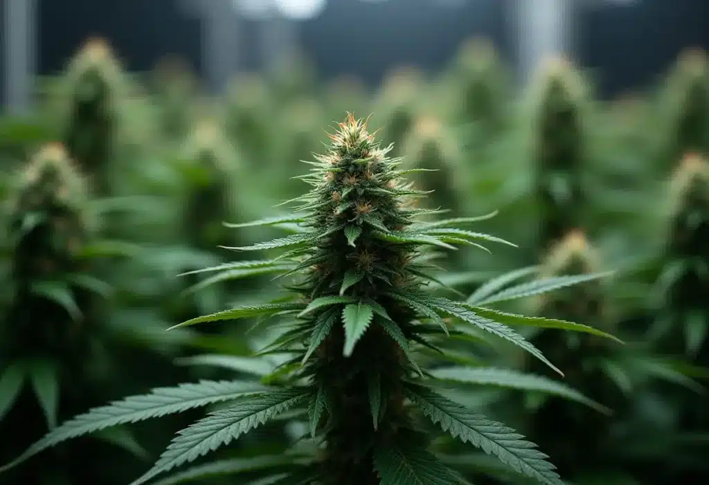 Critical Purple Auto mature bud with orange pistils and resin.