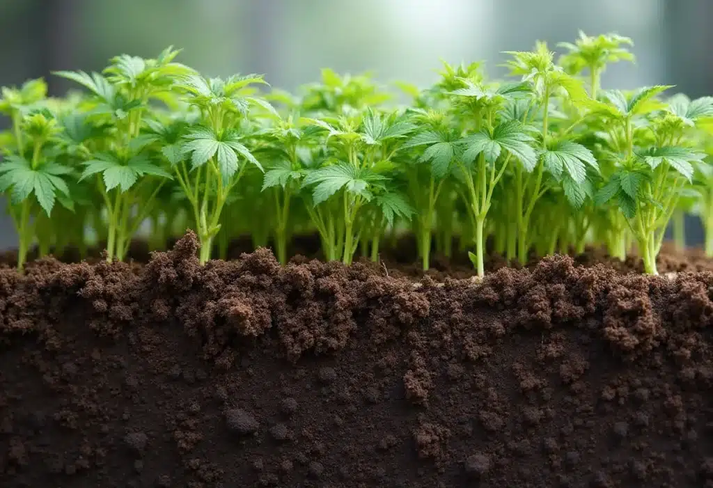 Early-stage Critical Purple Auto seedlings developing strong roots in healthy soil, ensuring vigorous growth and abundant future yields.