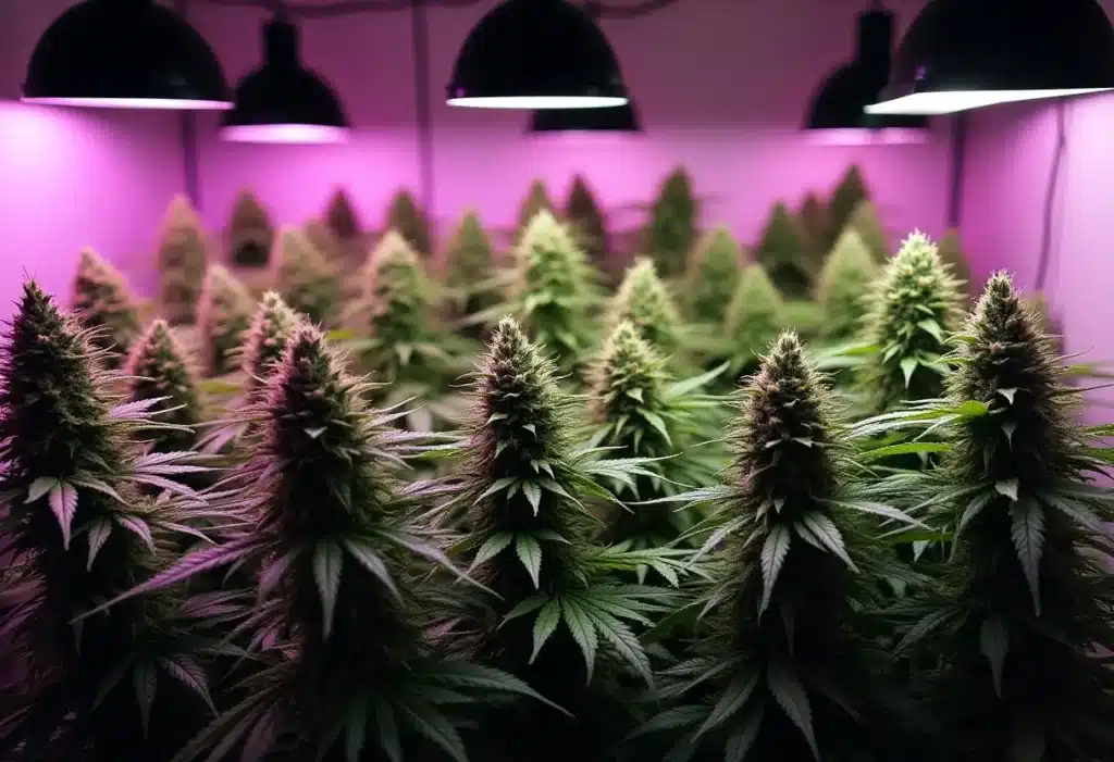 Indoor cultivation of Critical Purple Kush under LED lighting, maximizing yield with vibrant purple buds and a rich terpene profile.