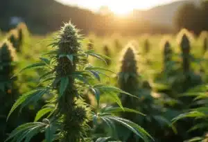 Critical Purple Kush x Bruce Banner Regular outdoor plant at sunset.