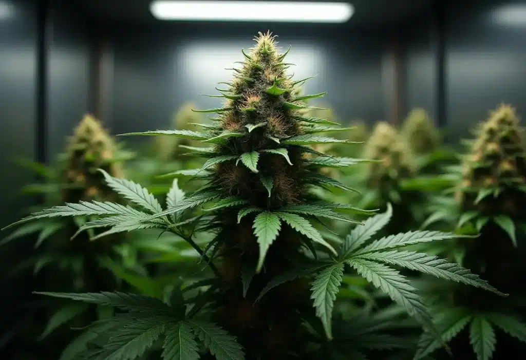 Critical Purple Kush x Bruce Banner Regular develops dense indoor buds with rich terpenes and high THC, perfect for controlled grow room environments.