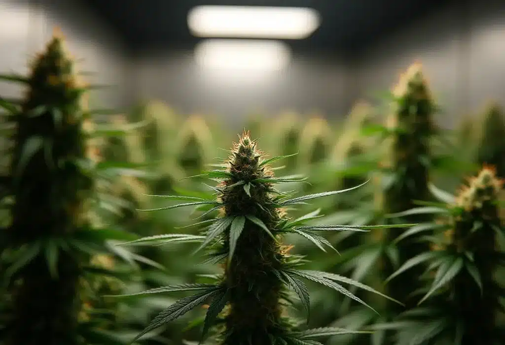 Critical Widow cannabis plant with dense buds under grow lights.