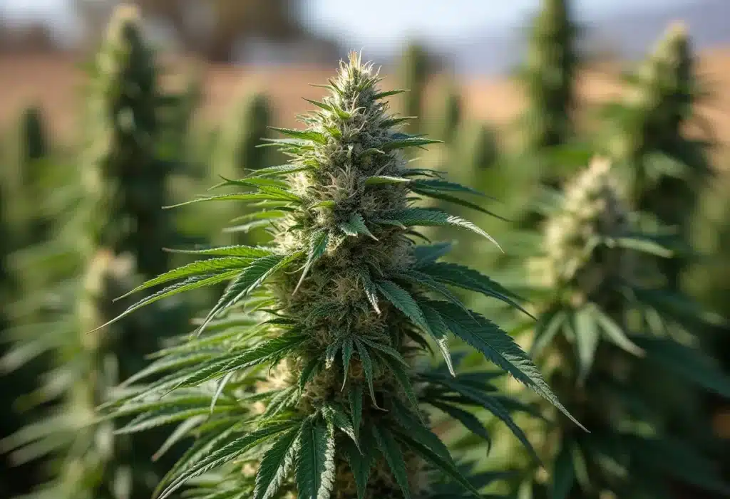 Critical x Amnesia cannabis plant in sunny outdoor field.